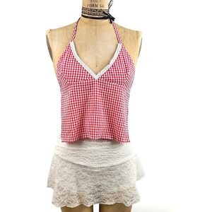 Western Womens S Lace Trim Halter Top Red Gingham Picnic Y2K Edikted Cottegecore